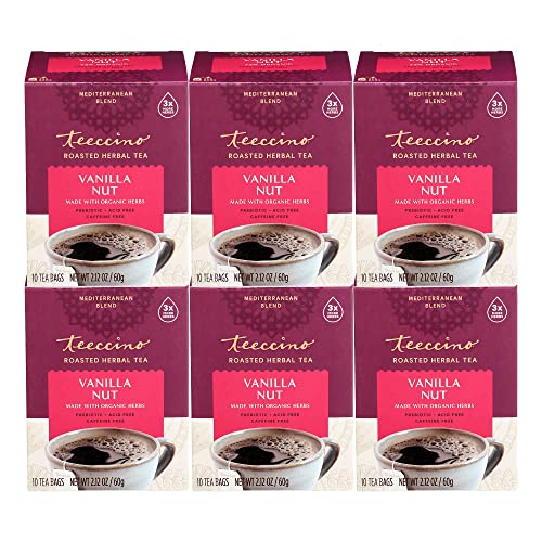 Teeccino Herbal Tea â Vanilla Nut â Roasted Chicory | Almond | Prebiotic | Caffeine Free | Acid Free | Coffee Alternative, 10 Tea Bags (Pack of 6)