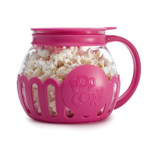 Ecolution Patented Micro-Pop Microwave Popcorn Popper with Temperature Safe Glass, 3-in-1 Lid Measures Kernels and Melts Butter, Made Without BPA, Dishwasher Safe, 1.5-Quart, Pink