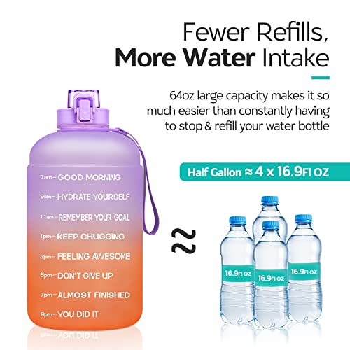Venture Pal Half Gallon Water Bottle - 64 oz Water Bottle with Time Maker & Sturdy Handle - Leakproof Motivational Water Bottle to Track Your Daily Water Intake