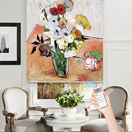 PASSENGER PIGEON Motorized Window Blinds, Japanese Vase with Roses and Anemones, by Vincent Van Gogh, Blackout Patterned Roller Shades with Valance, Light Filtering Cordless Shades for Windows, Doors
