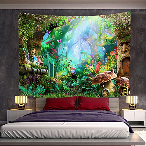 Aidatain Fantasy Foggy Forest Tapestry Psychedelic Plants Fairy Tale Mushroom Elf House Wall Hanging Art Tapestries Flannel Small Size 60" 51" for Bedroom Living Room GTWHAT1045