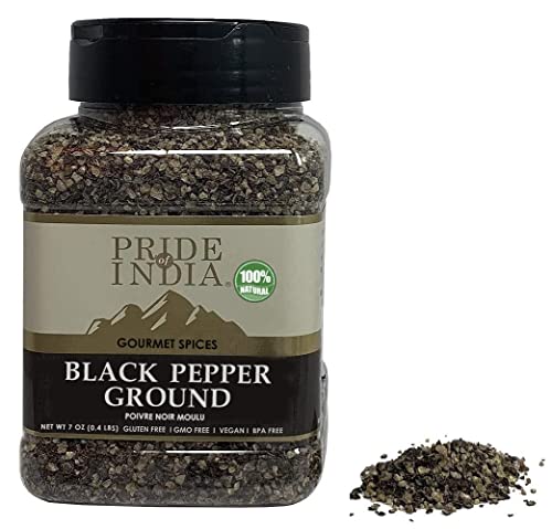 Pride of India â Black Pepper Ground â Ideal for Gourmet Dishes/ Soups/ Stews/ Rubs â Fresh & Preservatives Free â Warming Spice â Easy to Store â 7oz. Medium Dual Sifter Jar