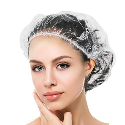 Auban Shower Cap Disposable, Larger Thick Clear Waterproof Plastic Elastic Bath Hair Caps for Women Men Kids, Travel Spa Hotel and Hair Salon, Home Use(100 Individually Pack)