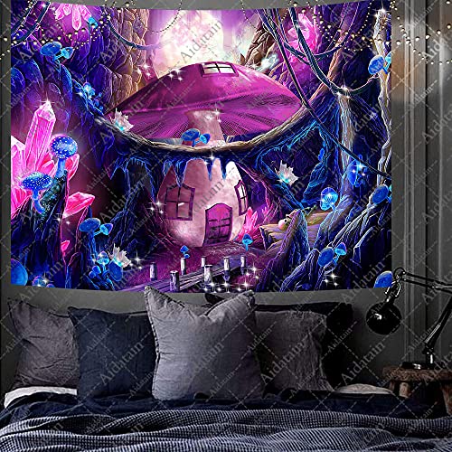 Aidatain Fairytale Forest Tapestry Purple Mushroom House Magic Game World Tapestry Flannel Medium Size 60x 60 Inches Tapestry for Bedroom Living Room GTWHAT594