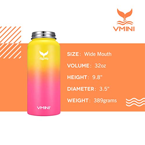 Vmini Water Bottle with New Wide Handle Straw Lid, Wide Mouth Vacuum Insulated 18/8 Stainless Steel, 32oz, Gradient Yellow + Pink