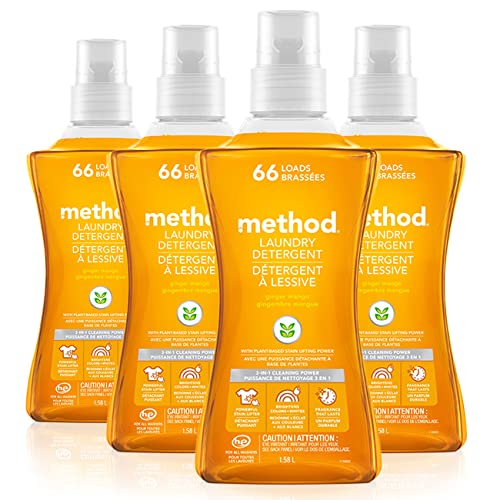 Method Liquid Laundry Detergent, Ginger Mango, 66 Loads Per Bottle, Hypoallergenic + Biodegradable Formula, Plant-Based Stain Remover, 53.5 Fl Oz (Pack of 4)