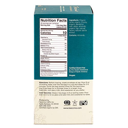 Teeccino Dandelion Root Tea - Vanilla Nut - Caffeine Free, Roasted Herbal Tea with Prebiotics, 3x More Herbs than Regular Tea Bags, Gluten Free - 25 Tea Bags (Pack of 3)