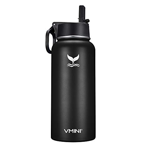 Vmini Water Bottle - Wide Mouth Stainless Steel & Vacuum Insulated Bottle, New Straw Lid with Wide Handle, Black & 32 oz