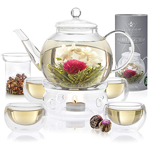 Teabloom Complete Tea Set â Glass Teapot (40 OZ), Loose Tea Glass Infuser, 4 Insulated Glass Teacups, Tea Warmer, and 12 Flowering Teas â Elegant Blooming Tea Gift Set