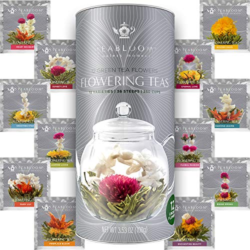 Teabloom Complete Tea Set â Glass Teapot (40 OZ), Loose Tea Glass Infuser, 4 Insulated Glass Teacups, Tea Warmer, and 12 Flowering Teas â Elegant Blooming Tea Gift Set
