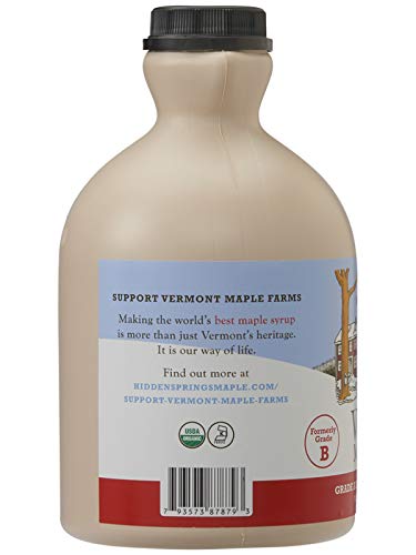 Hidden Springs Maple Organic Vermont Maple Syrup, Grade A Dark Robust (Formerly Grade B), 32 Ounce, 1 Quart, Family Farms, BPA-free Jug