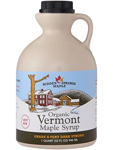 HIDDEN SPRINGS MAPLE 100% Organic Vermont Maple Syrup, Grade A Very Dark Robust, 32 Ounce, 1 Quart, Family Farms, BPA-free Jug