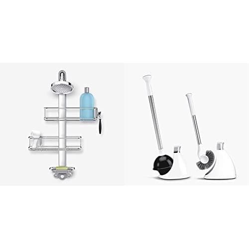 simplehuman Adjustable Shower Caddy, Stainless Steel and Anodized Aluminum & Plunger and Toilet Brush Bundle, White
