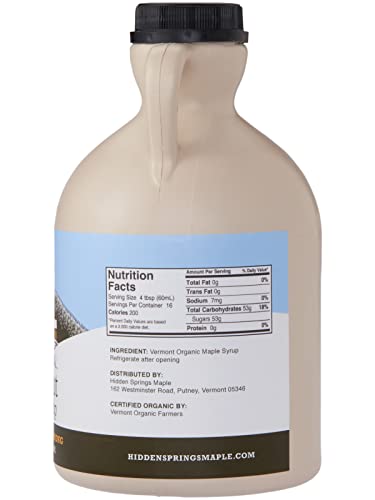 HIDDEN SPRINGS MAPLE 100% Organic Vermont Maple Syrup, Grade A Very Dark Robust, 32 Ounce, 1 Quart, Family Farms, BPA-free Jug