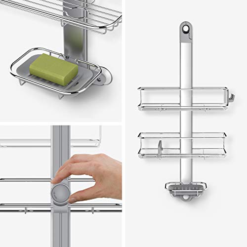 simplehuman Adjustable Shower Caddy, Stainless Steel and Anodized Aluminum & Plunger and Toilet Brush Bundle, White