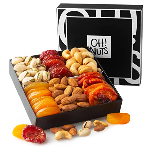 Fathers Day Nut and Dried Fruit Gift Basket - Prime Arrangement Platter- Assorted Nuts and Dried Fruits Holiday Snack Box for Birthday, Care Package, Anniversary, Adults, Women, Men- Oh! Nuts (6 Variety)