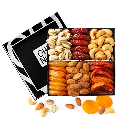 Fathers Day Nut and Dried Fruit Gift Basket - Prime Arrangement Platter- Assorted Nuts and Dried Fruits Holiday Snack Box for Birthday, Care Package, Anniversary, Adults, Women, Men- Oh! Nuts (6 Variety)
