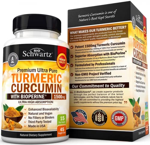 Turmeric Curcumin with BioPerine 1500mg - Natural Joint & Healthy Inflammatory Support with 95% Standardized Curcuminoids for Potency & Absorption - Non GMO Capsules with Black Pepper