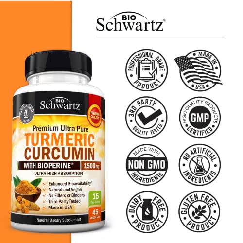 Turmeric Curcumin with BioPerine 1500mg - Natural Joint & Healthy Inflammatory Support with 95% Standardized Curcuminoids for Potency & Absorption - Non GMO Capsules with Black Pepper