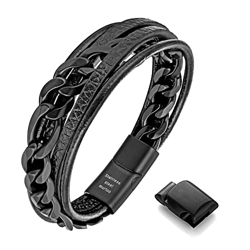 Murtoo Men's Leather Bracelet with Steel Chain