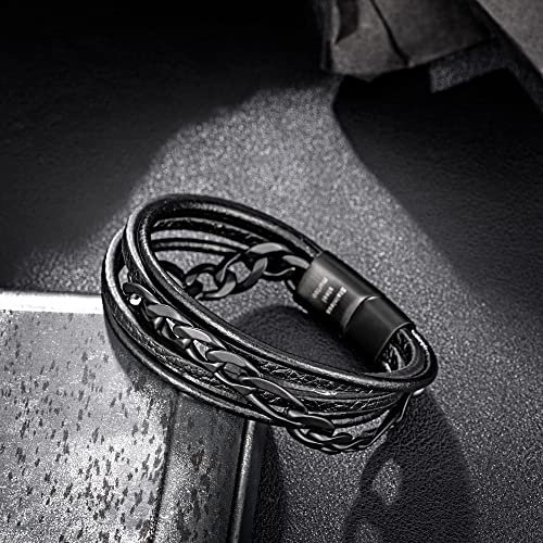 Murtoo Men's Leather Bracelet with Steel Chain