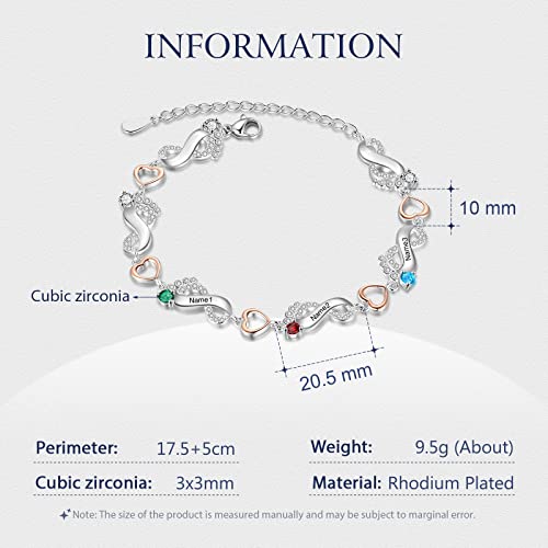 JewelOra Personalized Infinity Mother Bracelet with Simulated Birthstone Custom Name Baby Feet Link Bracelet for Women Heart Bracelet Adjustable Chain Charm Birthday Mother's Day Gift(3 name)