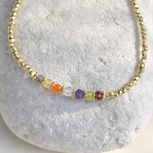 YoTreasure 7 Chakra Healing Stone Solid 925 Sterling Silver Gold Plated Link Chain Bracelet