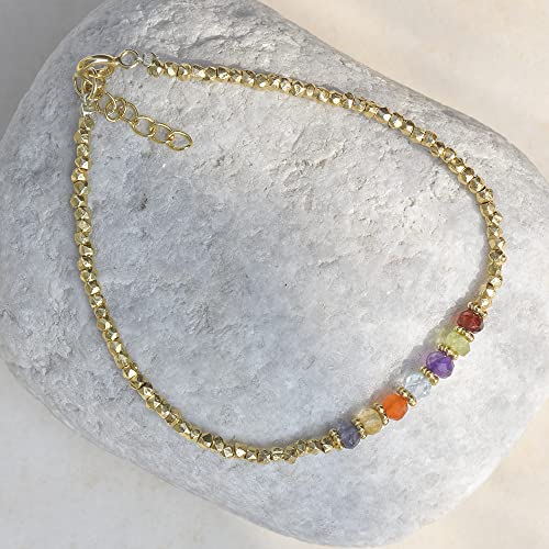 YoTreasure 7 Chakra Healing Stone Solid 925 Sterling Silver Gold Plated Link Chain Bracelet