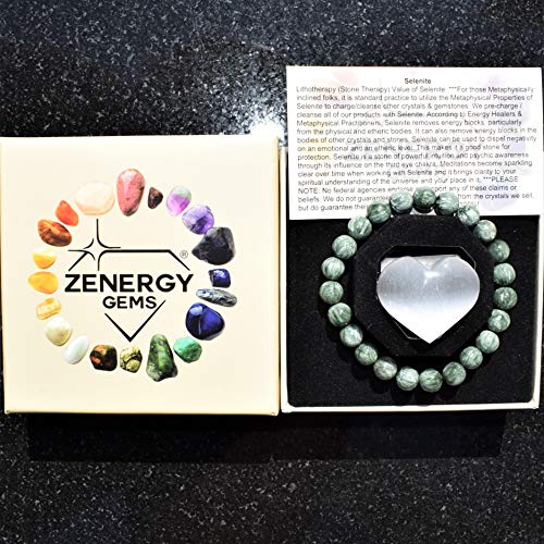 Zenergy Gems Charged RARE Natural Top-Grade Seraphinite Crystal 8mm Bead Bracelet + Selenite Charging Heart [Included]