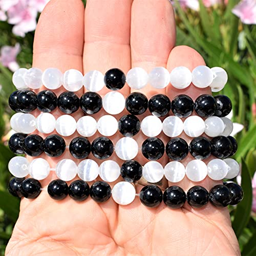 Zenergy Gems Charged Premium Natural Black Tourmaline & Selenite 8mm Distance Bracelet Set for Couples + Moroccan Selenite Charging Crystals [Included]