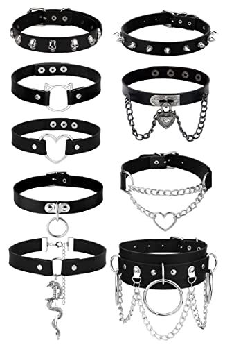 HAIAISO 6-9Pcs Leather Choker Black Punk Goth Choker Necklace Love Heart Spiked Choker Adjustable Pu Choker Collar for Women Girls