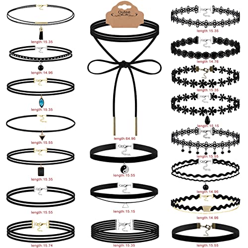 Outee 20 Pcs Choker Set Black Chokers Necklaces for Women Choker Necklaces for Teen Girls Classic Choker Henna Choker Layered Necklaces with Material of Velvet