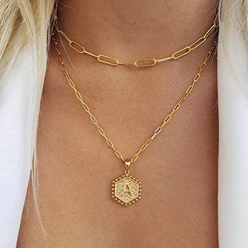 Dainty Layering Initial Necklaces for Women Trendy, Paperclip Chain Necklace for Women Simple Cute Hexagon Letter Pendant Initial M Necklace Choker Necklaces Gold Layered Necklaces for Women Trendy