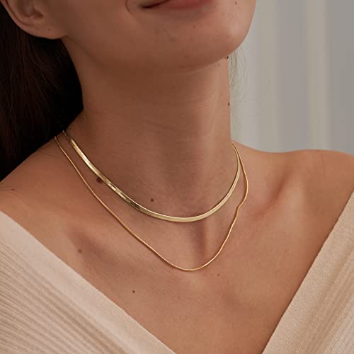 CHESKY Layered Necklace for Women, Double Layer Snake Chain Necklace 14k Gold Plated Layering Herringbone Necklace Gold Chunky Thick Chain Choker Necklace Gifts for Girls