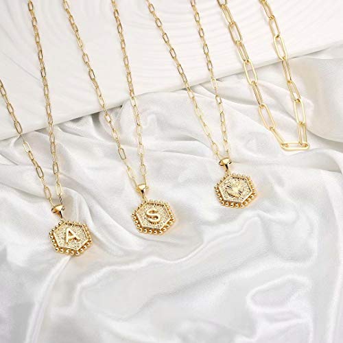Dainty Layering Initial Necklaces for Women Trendy, Paperclip Chain Necklace for Women Simple Cute Hexagon Letter Pendant Initial M Necklace Choker Necklaces Gold Layered Necklaces for Women Trendy