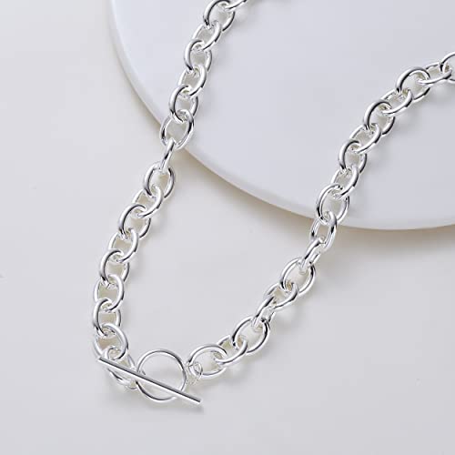 CAROVO Dainty Chunky Silver Toggle Necklace for Women Silver Filled Thick Toggle Clasp Necklace Link Chain Toggle Necklaces Minimalist Everyday Jewelry for Women