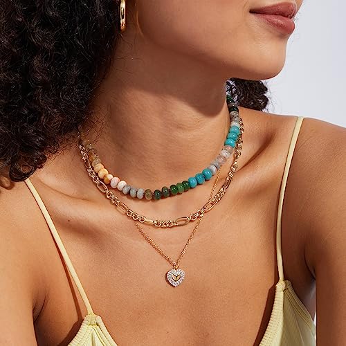 KissYan Beaded Gemstone Necklace for Women, Colorful Boho Bead Choker Necklace Natural Stone Freshwater Pearl Surfer Beach Necklace 14K Gold Plated Summer Handmade Jewelry(B08)