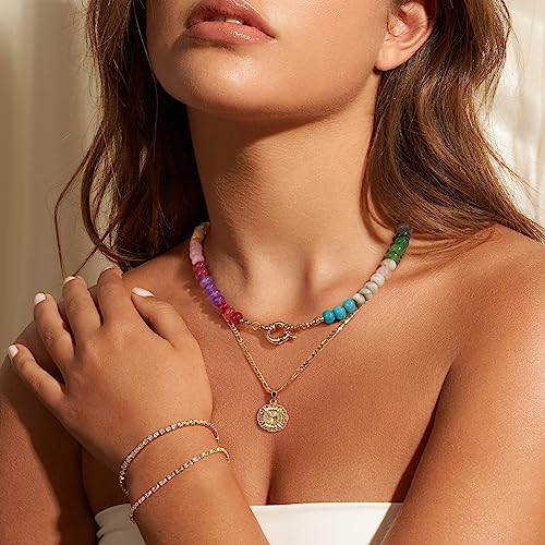 KissYan Beaded Gemstone Necklace for Women, Colorful Boho Bead Choker Necklace Natural Stone Freshwater Pearl Surfer Beach Necklace 14K Gold Plated Summer Handmade Jewelry(B08)