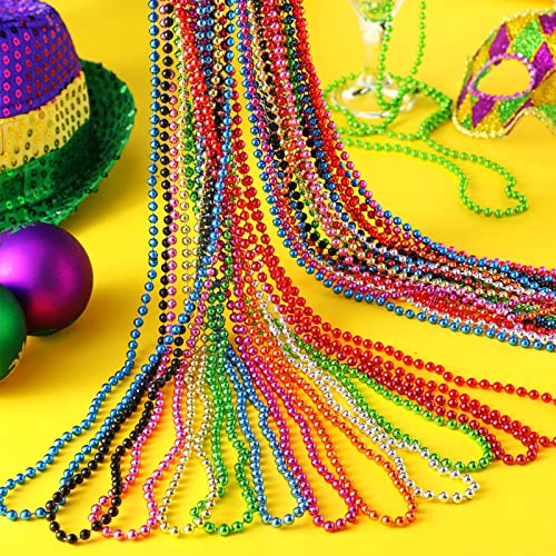 288 Pcs Mardi Gras Beads Necklaces 33 Inch 5 mm Multi Colors Bead Necklace Mardi Gras Outfit for Women Men Kids, Metallic Holiday Beaded Necklace Party Favor for Mardi Gras Party, Carnival Decoration