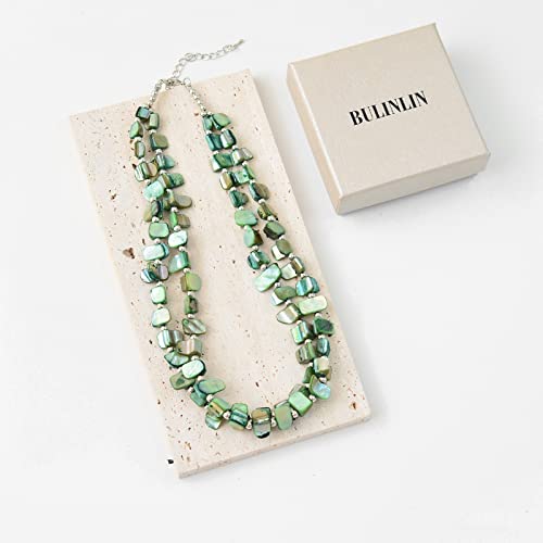 BULINLIN Boho Layered Shell Beaded Necklaces Handmade Colored Bead Choker Necklace Holiday Style Costume Jewelry for Women (Green)