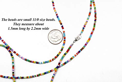 Multi Color Seed Bead Necklace, Thin 1.5mm Single Strand, Colorful Bead Layering Necklace, Hippy Love Beads
