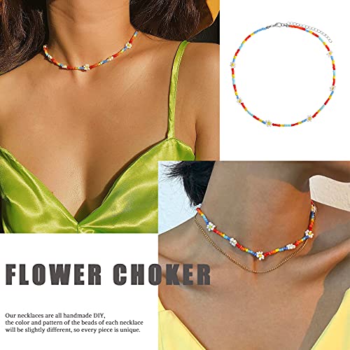 iF YOU Beaded Zinc Choker Necklace Set, 9 Pcs Boho Cute Colorful Seed Beads Necklace, Gold Pearl Chain Necklace Pack, Evil Eye Flower Handmade Y2K Necklace for Women Teen Girls