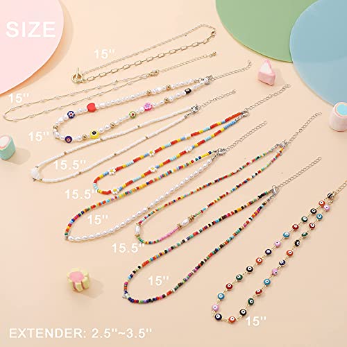 iF YOU Beaded Zinc Choker Necklace Set, 9 Pcs Boho Cute Colorful Seed Beads Necklace, Gold Pearl Chain Necklace Pack, Evil Eye Flower Handmade Y2K Necklace for Women Teen Girls