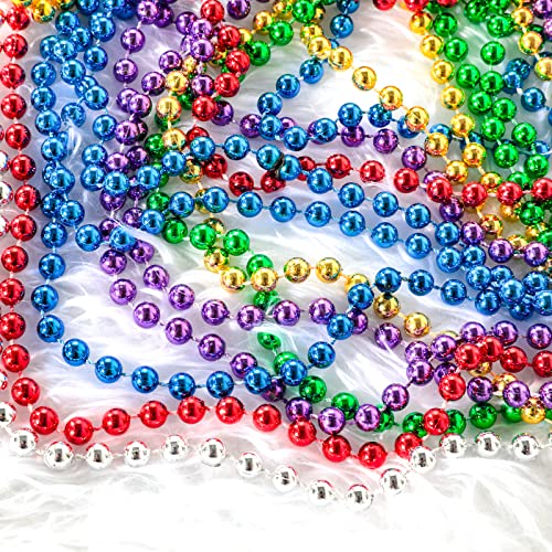 144 Pcs Mardi Gras Beads Bulk 33 Inch 7mm Purple Gold Green Sliver Red Blue Carnival Beaded Necklaces For Mardi Gras Festivals, Mardi Gras Parades, Night Club Dress-up Events