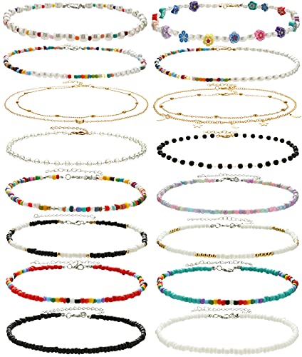 Wremily 16 Pieces Beaded Necklaces for Women Boho Seed Bead Choker Necklace Set Colorful Y2k Necklace Cute Layered Necklace Handmade Flower Beads Necklace Jewelry