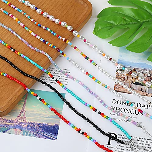 Wremily 16 Pieces Beaded Necklaces for Women Boho Seed Bead Choker Necklace Set Colorful Y2k Necklace Cute Layered Necklace Handmade Flower Beads Necklace Jewelry