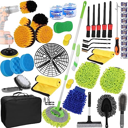 50Pcs Car Wash Cleaning Kit - Long Handle Brush, Wheel Drill Brush, Wash Mitt, Dirt Trap