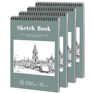 4 Pack Top Spiral Sketch Books, 9x12 Inches