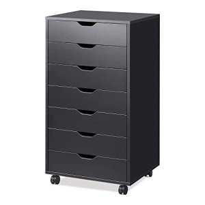 Black Wood Chest with Wheels and Drawers