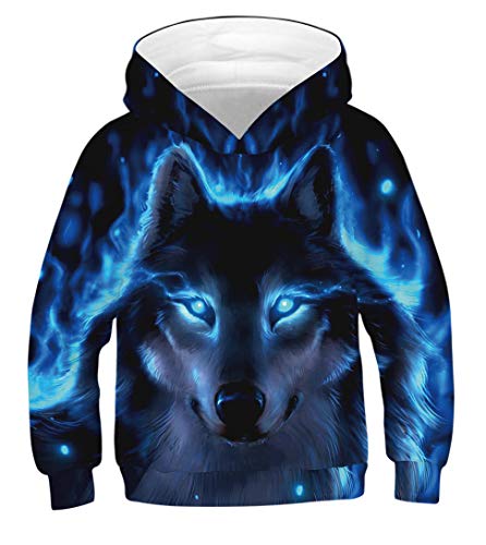 Cool Wolf Hoodie for Kids in Black/Blue, Size 8-12